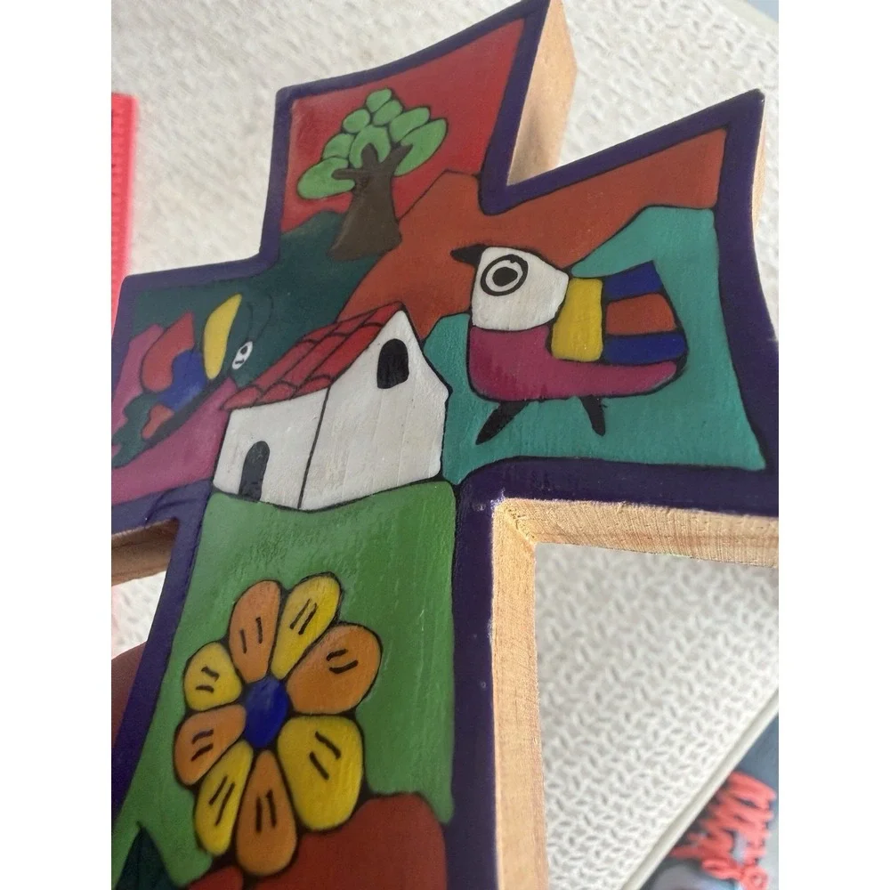 Vintage hand-painted colorful whimsical wood christian Cross. El Salvador